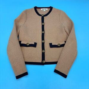 Boden Holly Knitted Jacket Tan with Navy Trim and Gold Buttons 6 Siz